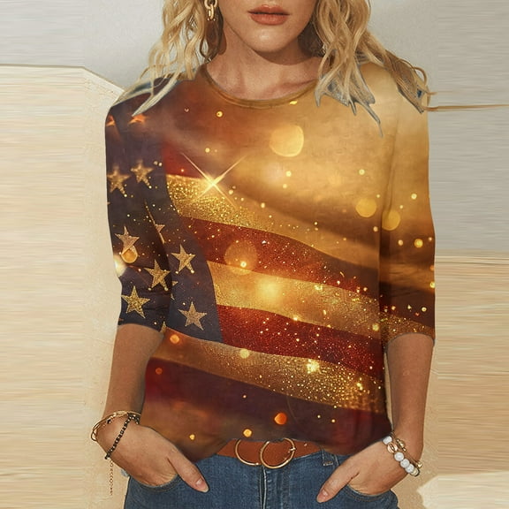 Womens 4th of July Shirts Memorial Day Blouse for Women Fourth of July T Shirt Womens American Flag Tops Patriotic Tee Printed Round Neck Three Quarter Sleeve 3/4 Sleeve T-Shirt Loose Top
