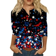 BOMYJESK July 4th Shirts for Women Notch Neck Patriotic Patriotic Blouse 3/4 Length Sleeve Womens Tops Dressy Casual T-Shirt USA Flag Star Stripes Graphic Tees