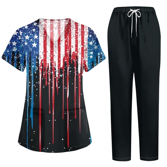 Womens 4th of July V-Neck Scrub Set, 250th Anniversary USA 2-Piece Short Sleeve Top & Pants Medical Uniform with Multi Pockets, Stylish Workwear for Nurses & Caregivers 03-Navy L