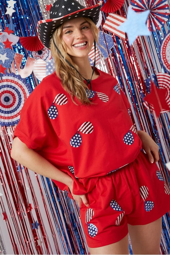 Womens 4th of July American Flag Sequins Outfits Short Sleeve Crewneck Two Piece Short Set