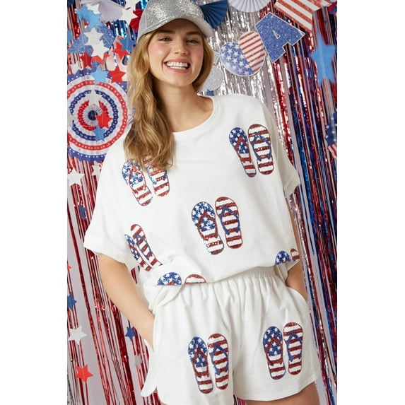 Womens 4th of July American Flag Sequins Outfits Short Sleeve Crewneck Two Piece Short Set