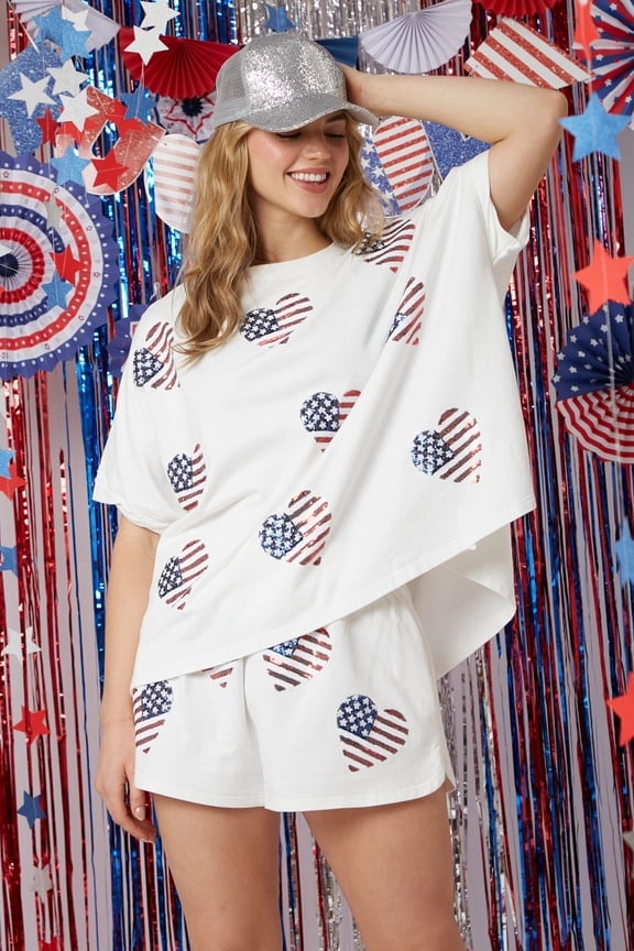 Womens 4th of July American Flag Sequins Outfits Short Sleeve Crewneck Two Piece Short Set