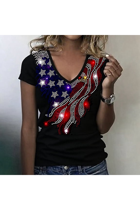 Womens 4th of July Bling Graphic T Shirts 250th Independence Day V Neck Tops Casual Sparkle Tees for Patriotic Wear