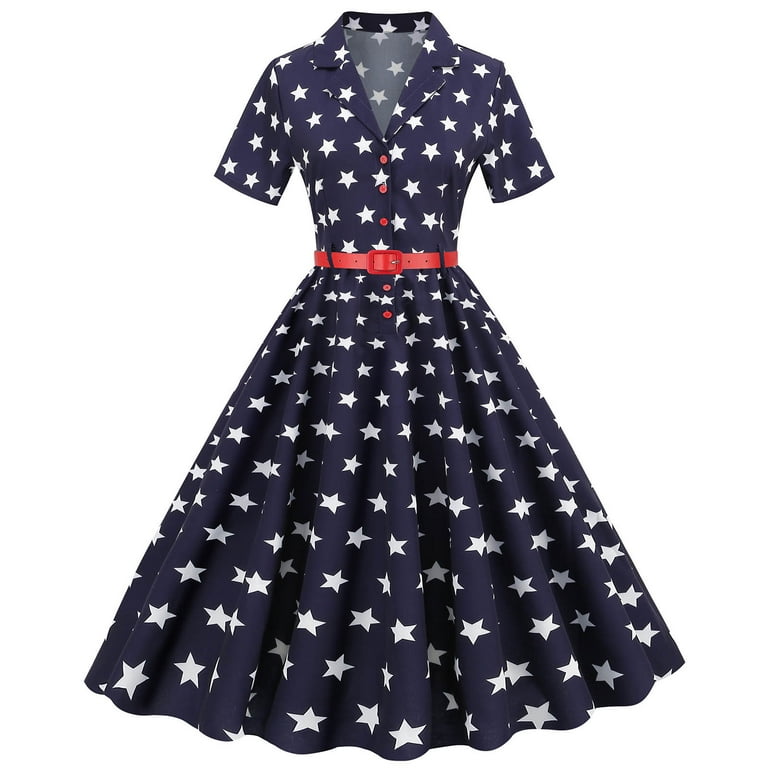Womens 4th of July Dress Casual Vintage 1950s American Flag Print Button  Down Short Sleeve Lapel Flowy Swing Midi Dress