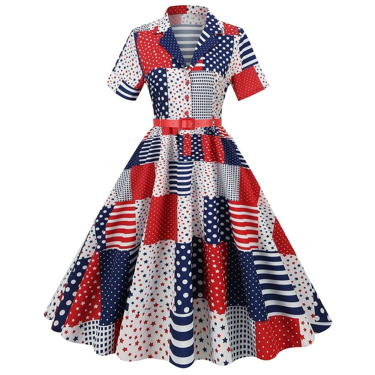 Womens 4th of July Dress Casual Vintage 1950s American Flag Print Button  Down Short Sleeve Lapel Flowy Swing Midi Dress