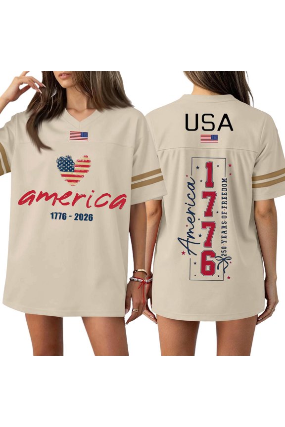 Womens 4th of July Jersey Shirt V-Neck Patriotic Graphic Football Jersey Casual Short Sleeve Tops for America 250Th Anniversary