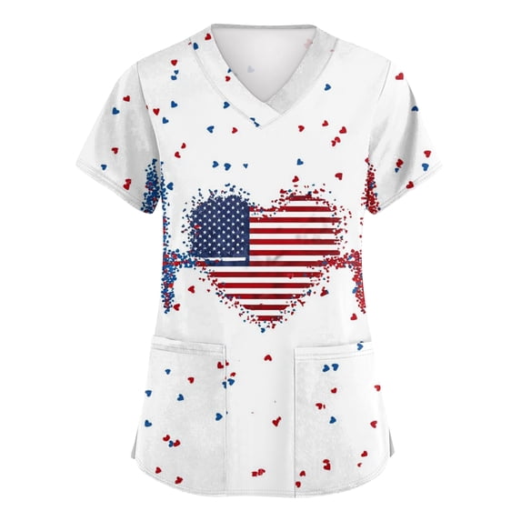 Womens 4th of July Medical Scrub Tops 250 Anniversary USA Scrubs Shirts V-Neck Short Sleeve Nurse Uniform with Pockets 03-Red S