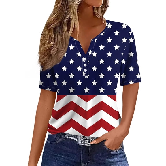 Womens 4th of July Shirts American Flag Printed 3/4 Sleeve Tunic Tops Notch Neck USA Flag Graphic Tees Shirt Loose Pullover Blouses Patriotic Tops