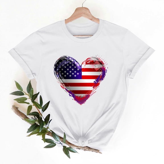 Womens 4th of July T-Shirts Patriotic Short Sleeves Shirt Crewneck Cute Short Sleeve Blouses Heart Shape Flag Pullover Tops