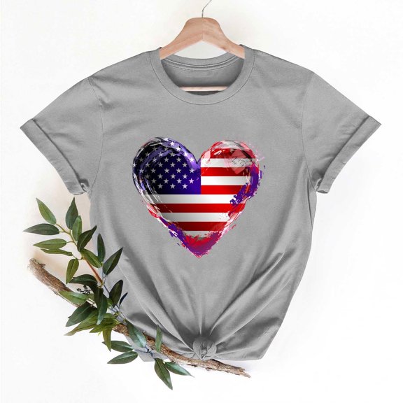 Womens 4th of July T-Shirts Patriotic Short Sleeves Shirt Crewneck Cute Short Sleeve Blouses Heart Shape Flag Pullover Tops