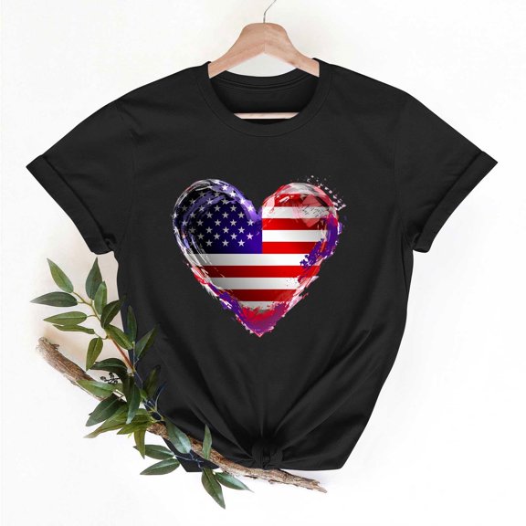 Womens 4th of July T-Shirts Patriotic Short Sleeves Shirt Crewneck Cute Short Sleeve Blouses Heart Shape Flag Pullover Tops