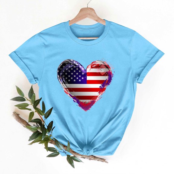 Womens 4th of July T-Shirts Patriotic Short Sleeves Shirt Crewneck Cute Short Sleeve Blouses Heart Shape Flag Pullover Tops