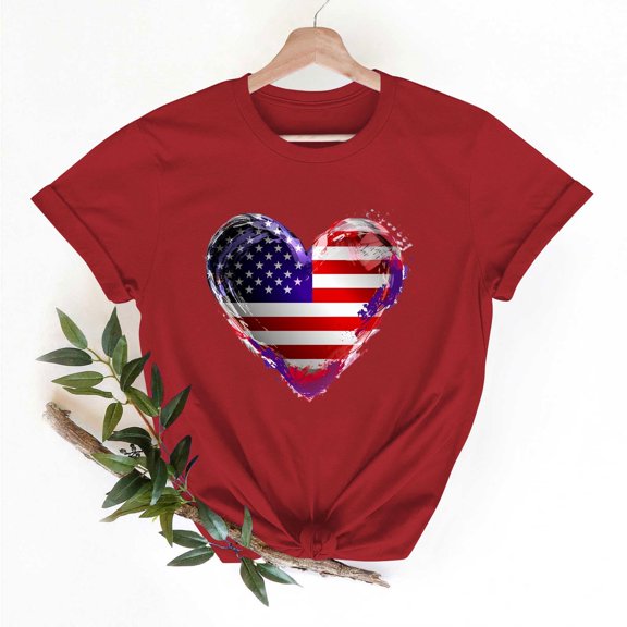Womens 4th of July T-Shirts Patriotic Short Sleeves Shirt Crewneck Cute Short Sleeve Blouses Heart Shape Flag Pullover Tops