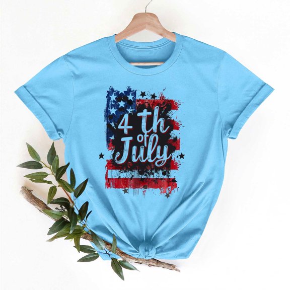 Womens 4th of July T-Shirts Patriotic Short Sleeves Shirts Crewneck Cute Blouses American Flag Print Pullover Tops