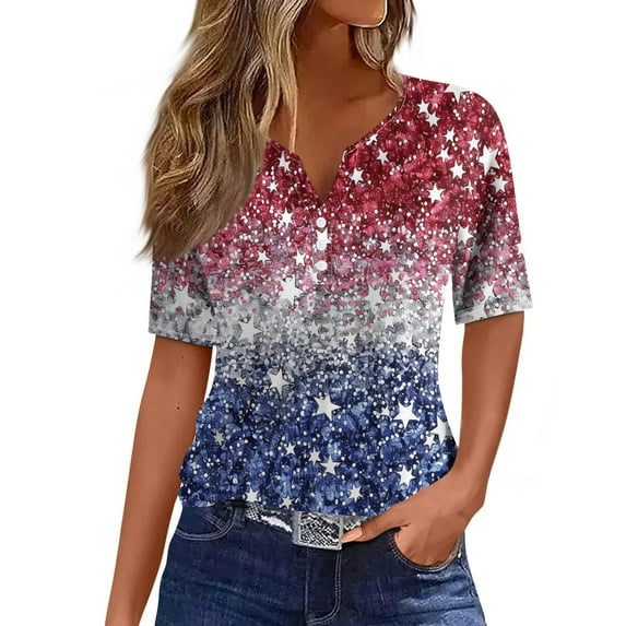 Womens 4th of July Tops 3/4 Sleeve Button Henley Neck Cute Shirts Casual American Flag Print Trendy Tops Three Quarter Length T Shirt Parade Pullover