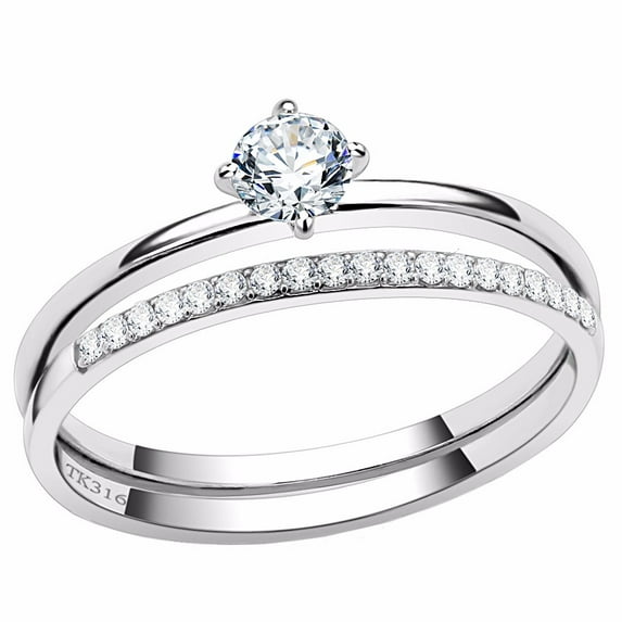 Womens 4x4mm Round Clear CZ Stainless Steel Small Delicate Band Wedding Ring Set - Size 8
