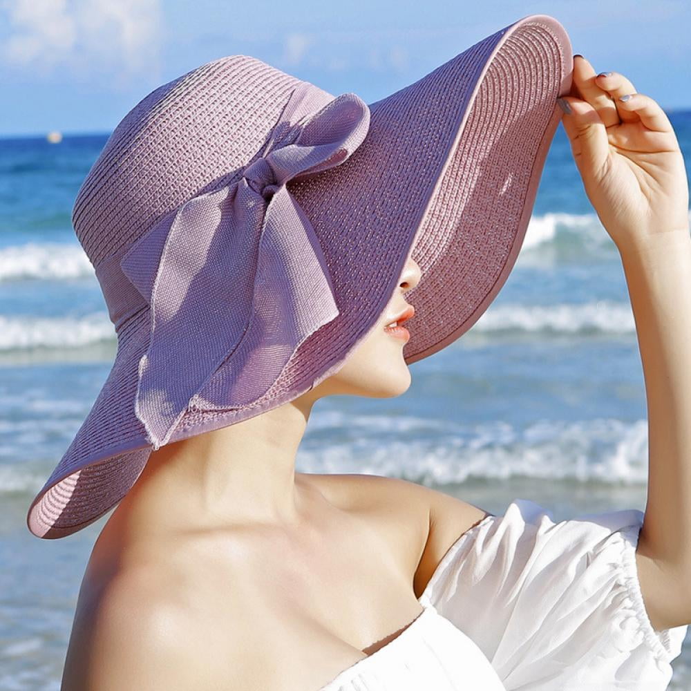Womens 5.5 Inches Big Bowknot Straw Hat Large Floppy Foldable Roll up Beach Cap Sun Hat UPF 50 Walmart