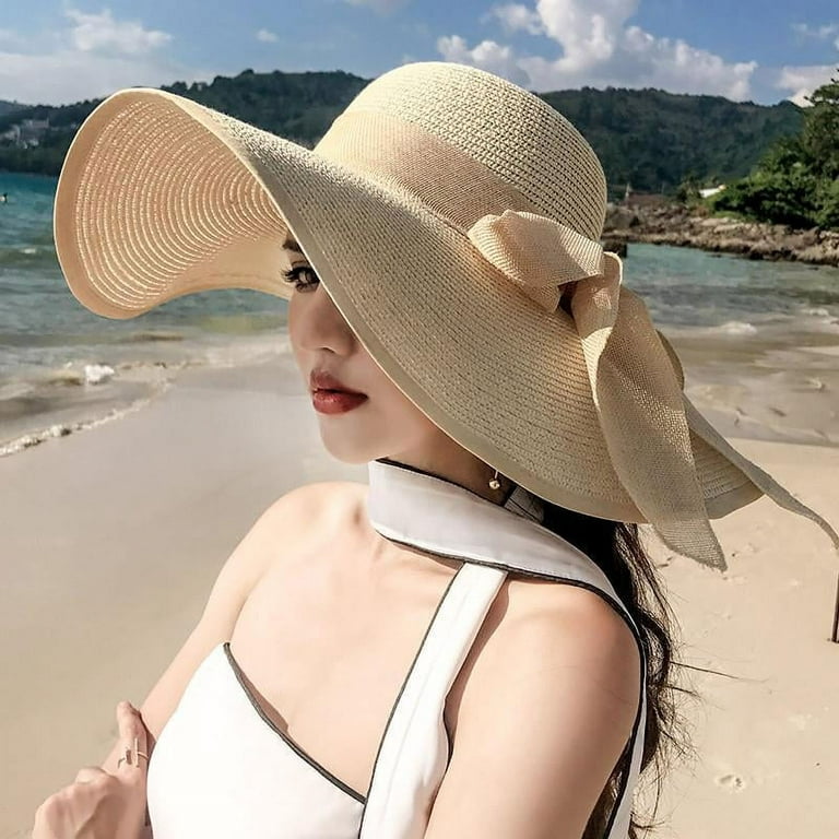 Womens 5.5 Inches Big Bowknot Straw Hat Large Floppy Foldable Roll up Beach  Cap Sun Hat UPF 50+ 