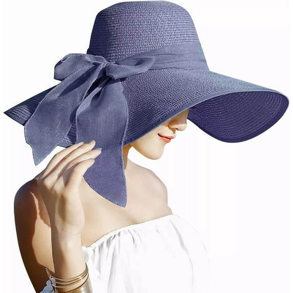 Womens 5.5 Inches Big Bowknot Straw Hat Large Floppy Foldable Roll up Beach Cap Sun Hat UPF 50+