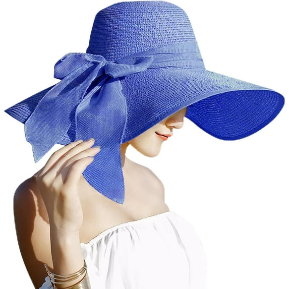 Womens 5.5 Inches Big Bowknot Straw Hat Large Floppy Foldable Roll up Beach Cap Sun Hat UPF 50+
