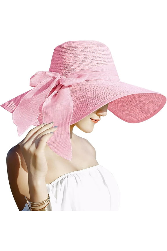 Womens 5.5 Inches Big Bowknot Straw Hat Large Floppy Foldable Roll up Beach Cap Sun Hat UPF 50+