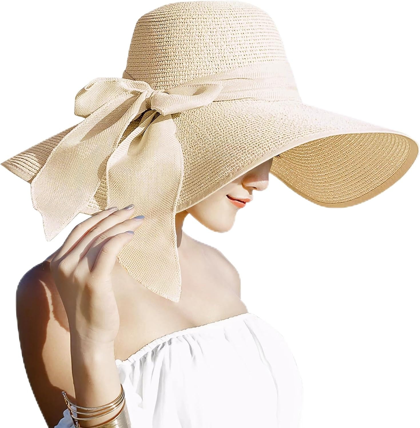 Women\'s Big Bowknot Straw Hat Large Floppy Foldable Roll up Cap, Khaki, 5.5\
