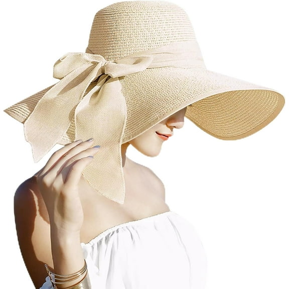 Womens 5.5 Inches Big Bowknot Straw Hat Large Floppy Foldable Roll up Beach Cap Sun Hat UPF 50+
