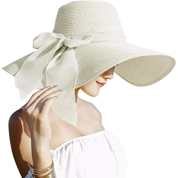 Womens 5.5 Inches Big Bowknot Straw Hat Large Floppy Foldable Roll up Beach Cap Sun Hat UPF 50 