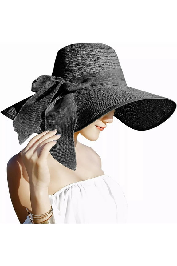 Womens 5.5 Inches Big Bowknot Straw Hat Large Floppy Foldable Roll up Beach Cap Sun Hat UPF 50+
