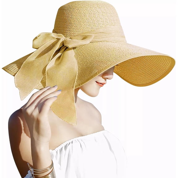 Womens 5.5 Inches Big Bowknot Straw Hat Large Floppy Foldable Roll up Beach Cap Sun Hat UPF 50 