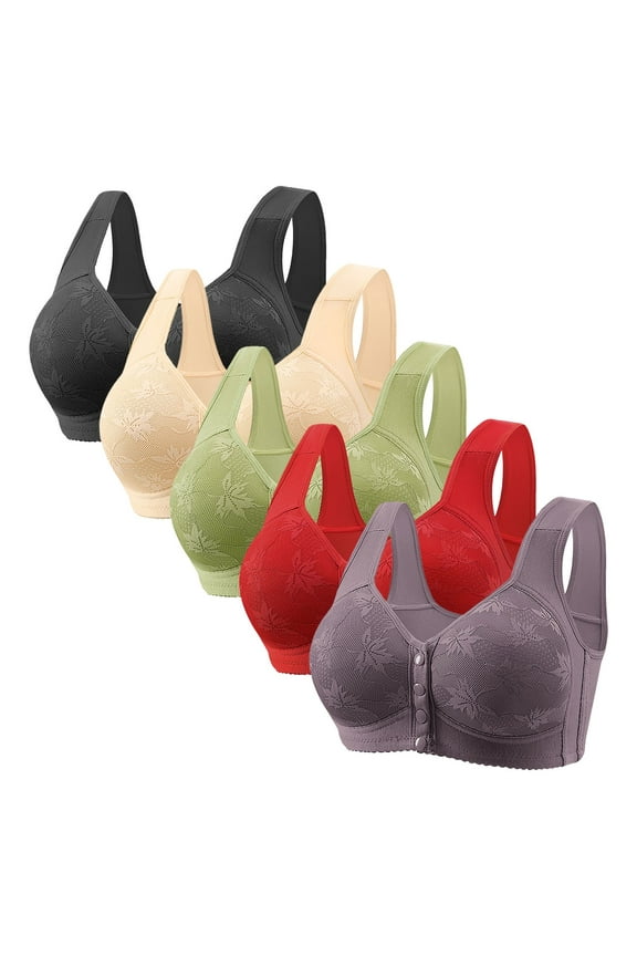 Womens 5 Pack Everyday Bras, Daisy Bras for Older Women Front Closure Cotton Bra Comfortable No Underwire Full Coverage Plus Size Bra 36-50