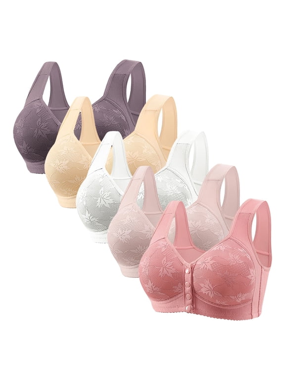 Womens 5 Pack Everyday Bras, Daisy Bras for Older Women Front Closure Plus Size Bra No Underwire Supportive Bras Comfort Seamless Snap Everyday Bra 36-50