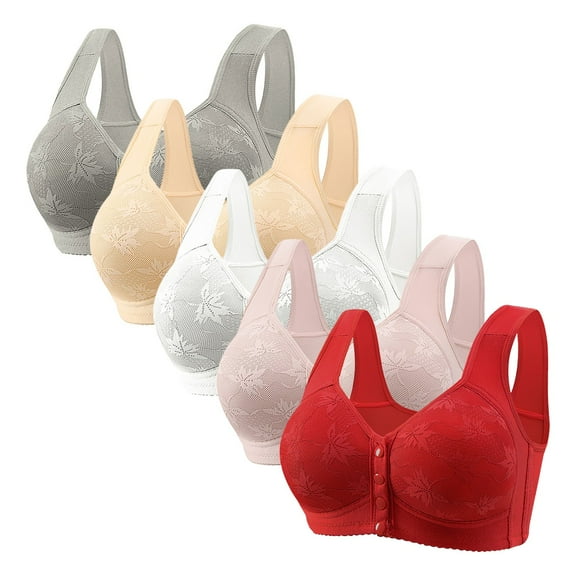 Womens 5 Pack Everyday Bras, Daisy Bras for Older Women Front Closure No Underwire Bra Comfort Senior Wireless Snap Closing Bra for Senior Women 36-50