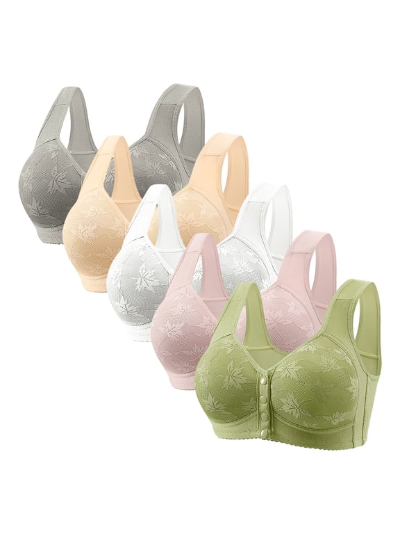 Womens 5 Pack Everyday Bras, Daisy Bras for Older Women Front Closure No Underwire Bra Comfort Senior Wireless Snap Closing Bra for Senior Women 36-50