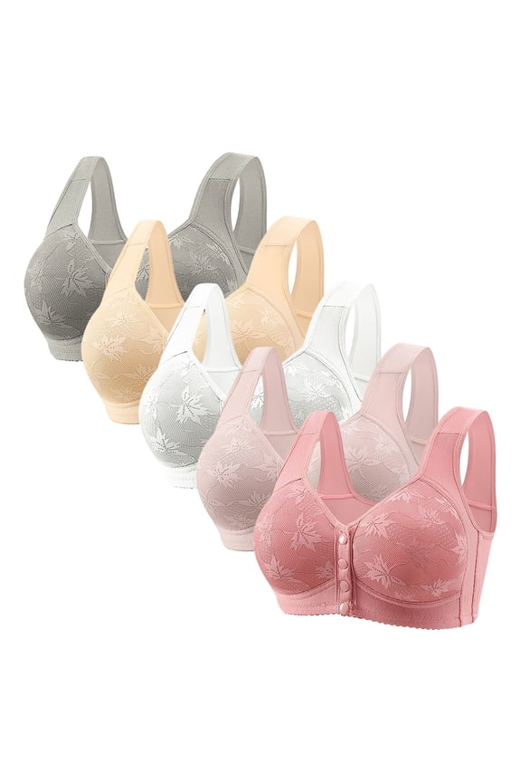 Womens 5 Pack Everyday Bras, Daisy Bras for Older Women Front Closure No Underwire Bra Comfort Senior Wireless Snap Closing Bra for Senior Women 36-50
