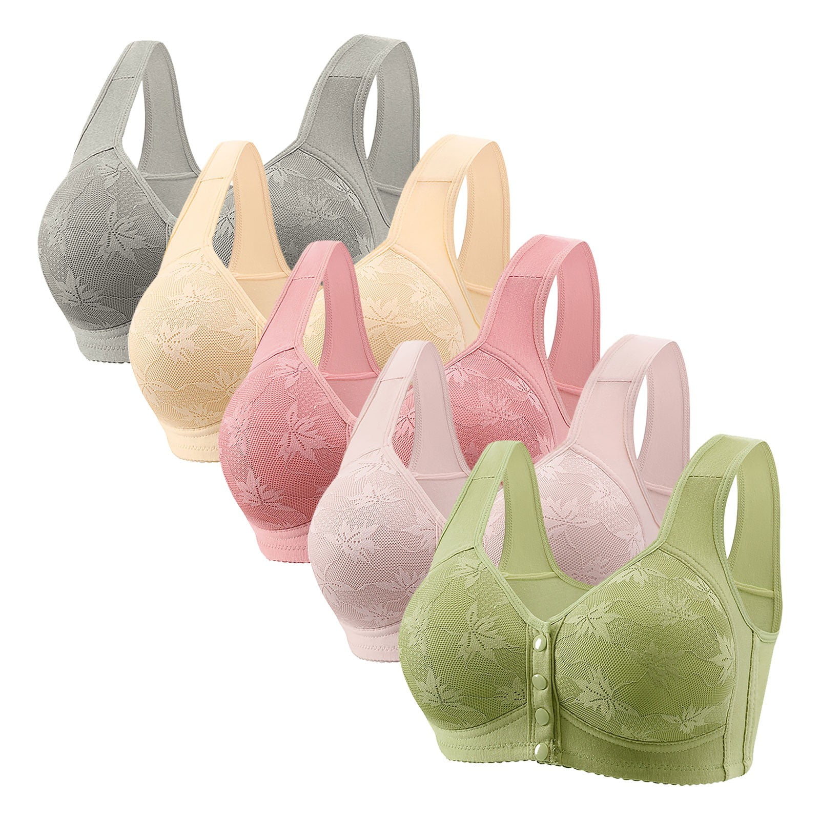 Womens 5 Pack Everyday Bras, Front Closure Bras for Women Wireless Lightly Padded Bralett Seamless Lightweight T-Shirts Bra 36-50
