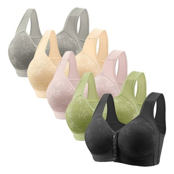 Womens 5 Pack Everyday Bras, Front Closure Bras for Women Wireless Lightly Padded Bralett Seamless Lightweight T-Shirts Bra 36-50