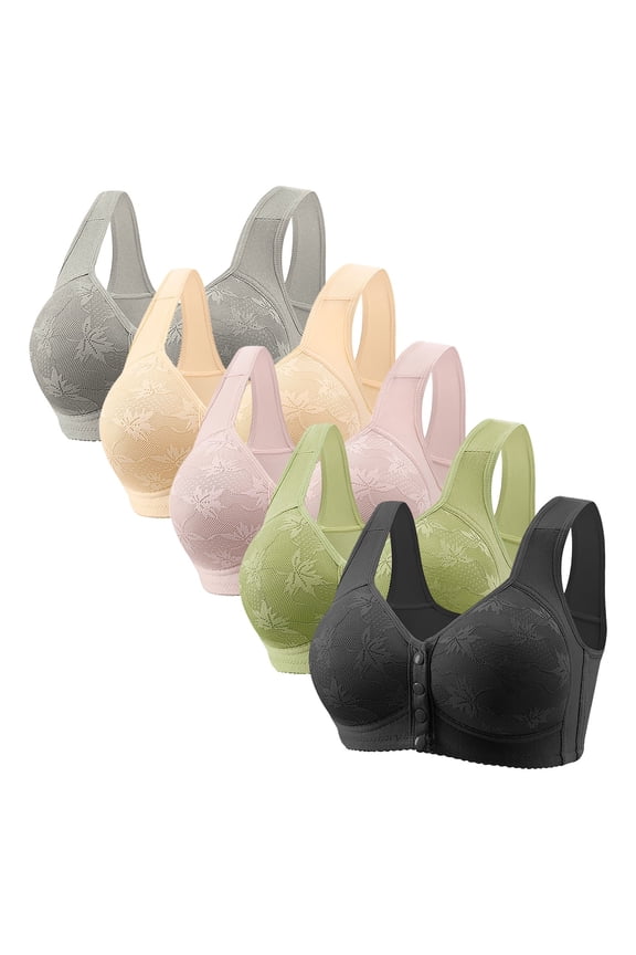 Womens 5 Pack Everyday Bras, Front Closure Bras for Women Wireless Lightly Padded Bralett Seamless Lightweight T-Shirts Bra 36-50