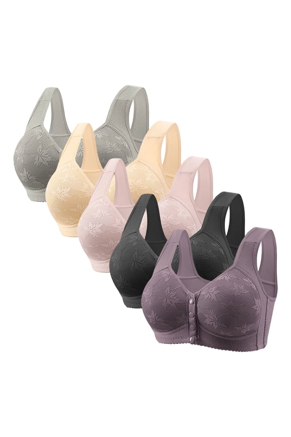 Womens 5 Pack Everyday Bras, Front Closure Bras for Women Wireless Lightly Padded Bralett Seamless Lightweight T-Shirts Bra 36-50