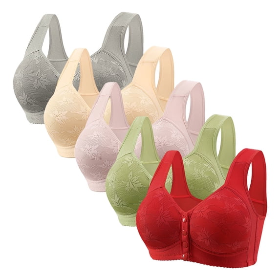 Womens 5 Pack Everyday Bras, Front Closure Bras for Women Wireless Lightly Padded Bralett Seamless Lightweight T-Shirts Bra 36-50