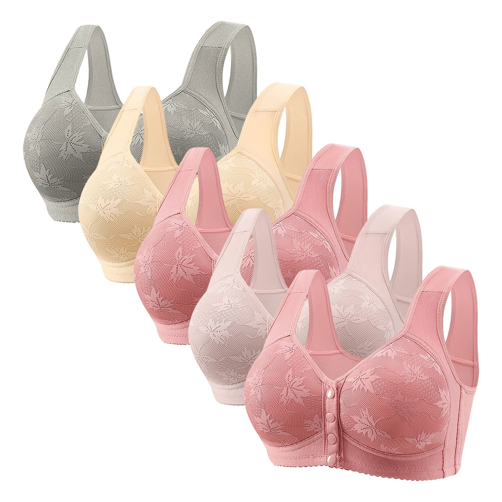 Womens 5 Pack Everyday Bras, Front Closure Bras for Women Wireless Lightly Padded Bralett Seamless Lightweight T-Shirts Bra 36-50