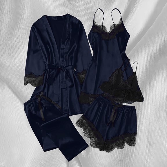 Womens 5 Piece Pajama Sets Plus Size Satin Sleepwear Lace Trim Sexy Loungewear Nightgowns Comfy for Women Casual Matching Pj Set