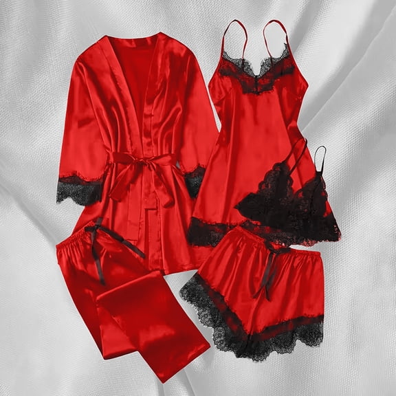 Womens 5 Piece Pajama Sets Plus Size Satin Sleepwear Lace Trim Sexy Loungewear Nightgowns Comfy for Women Casual Matching Pj Set