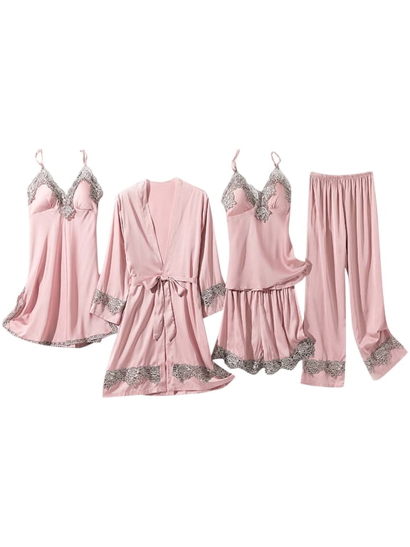 Womens 5 Piece Pajamas Set Elegant Silky Satin Bridal Sleepwear Lace Trim Bath Robe & Spaghetti Cami Top & Shorts & Pants & Slip Dress Chemise Loungewear, Pink, M