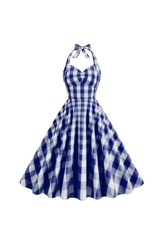Womens 50s Vintage Polka Dot Halter Cocktail Swing Dress Pink Gingham Dress Pinup 1950s Rockabilly Audrey Hepburn Prom Tea Party Dress