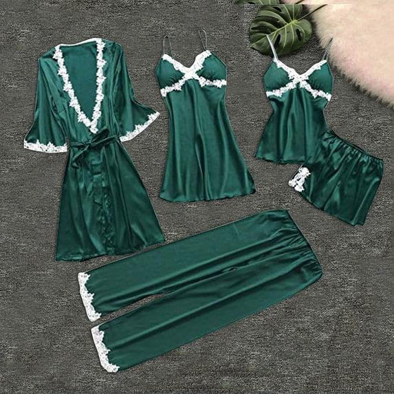 Womens 5Pcs Pajamas Sets Silk Satin Pjs Elegant Solid Color Lace V Neck Cami Underwear Set With Robes Pj Set Green XXL