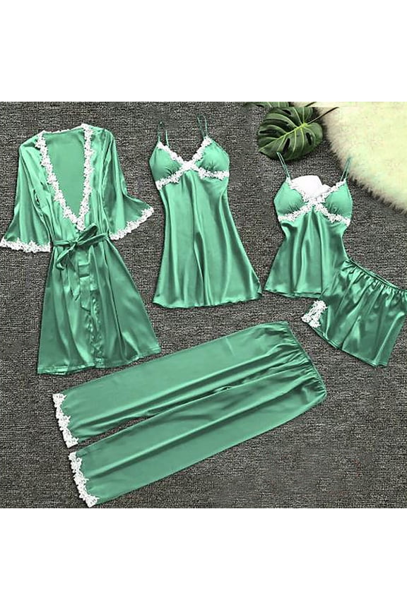 Womens 5Pcs Pajamas Sets Silk Satin Pjs Elegant Solid Color Lace V Neck Cami Underwear Set With Robes Pj Set Mint Green L