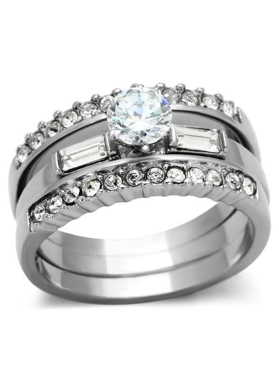 Round Clear CZ Stainless Steel Wedding Rings Set, 3 Rings
