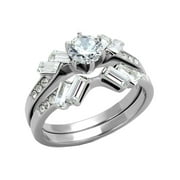 Womens 5x5mm Round Cut CZ Center Stainless Steel Engagement RING SET - Size 7