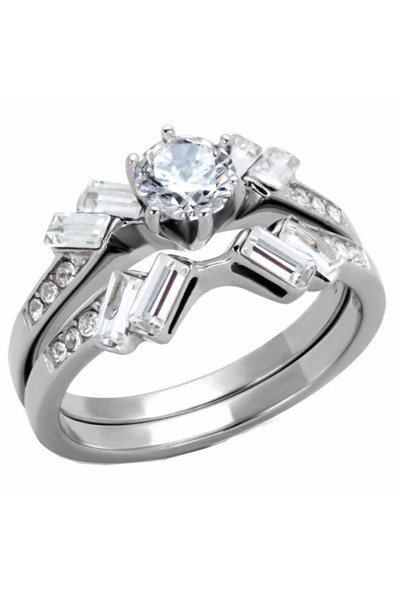 Womens 5x5mm Round Cut CZ Center Stainless Steel Engagement RING SET - Size 7